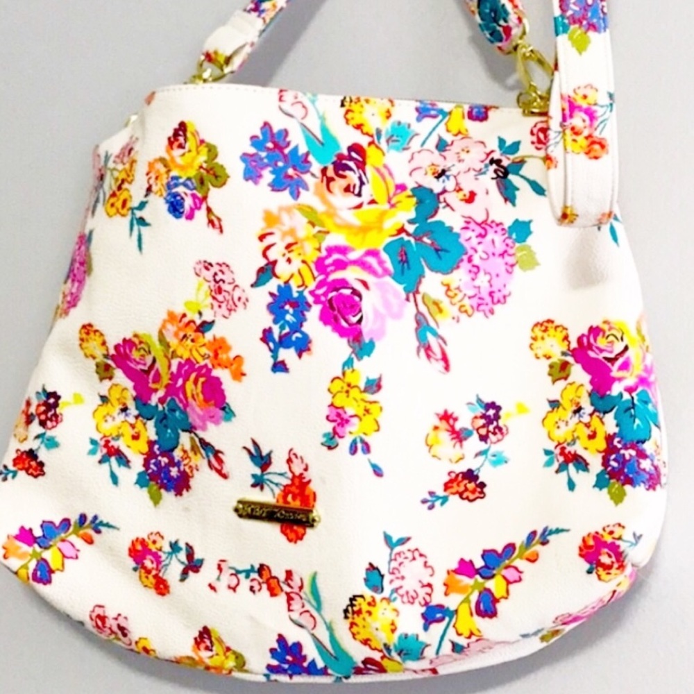 Betsey Johnson White Floral Crossbody Bag with Pink, Yellow & Teal Accents